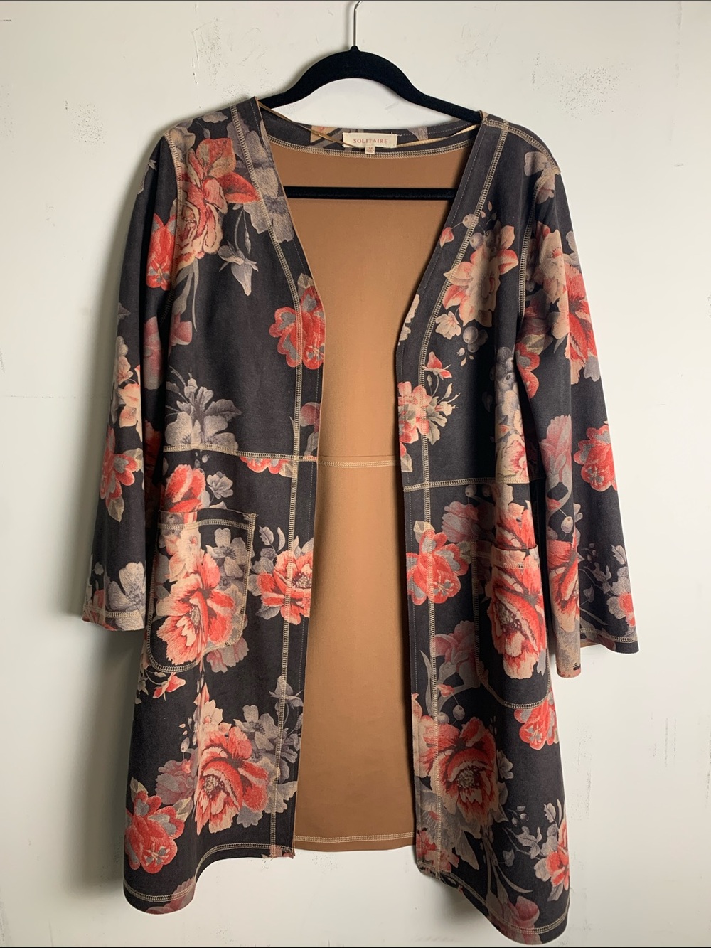 Solitaire Black Floral Pea Coat with Coral and Cream Flowers